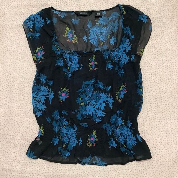 Express Vintage Silk Whimsigoth Black Floral Sheer Fairy Milkmaid Blouse 13/14 - Picture 13 of 13